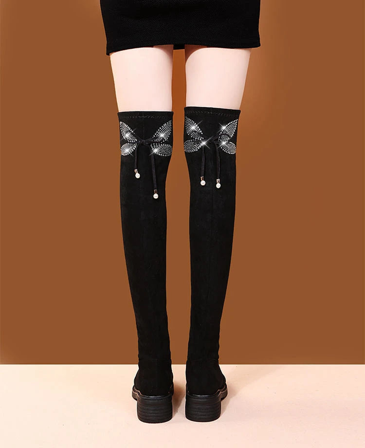 Women's Boots Rhinestone Shoes for Woman Thigh High Footwear Above Over The Knee Middle Heel with Laces Lace-up Quality New In