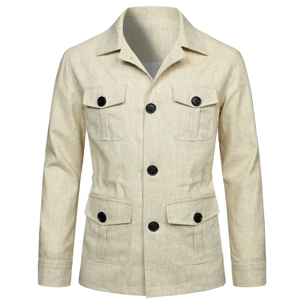 Mens Coats Safari Jacket Linen British Retro Gentry Suit Pockets Outerwear Fashion Solid Color Male Tops