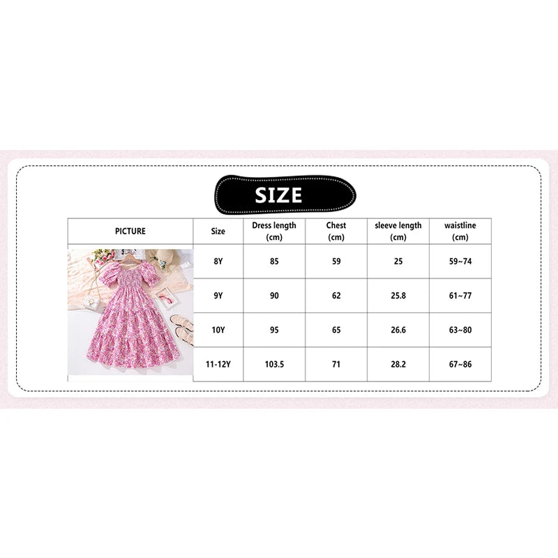 Girls Clothes 2024 New Summer Princess Dresses 8-12Y Shirred-Bodice Floral Puffed Sleeves Elegant Casual Kids Dress For Girls
