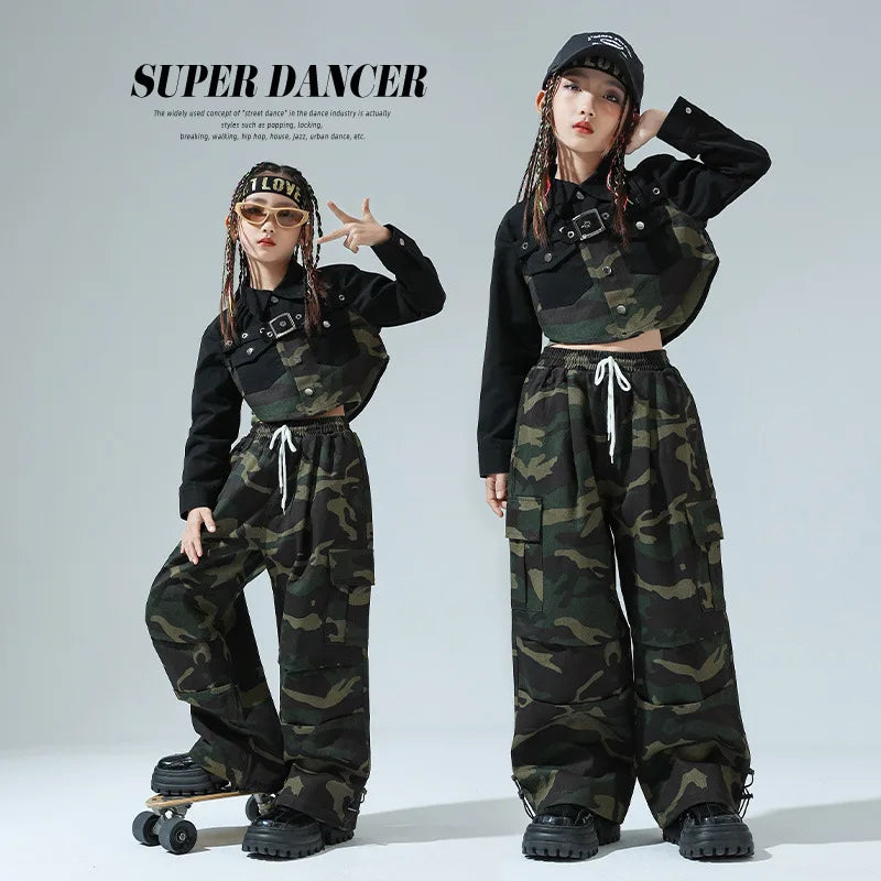 Girls Hip Hop Clothing Green Crop Top Camouflage Casual Wide Pockets Cargo Pants for Kids Jazz Dance Costume Clothes