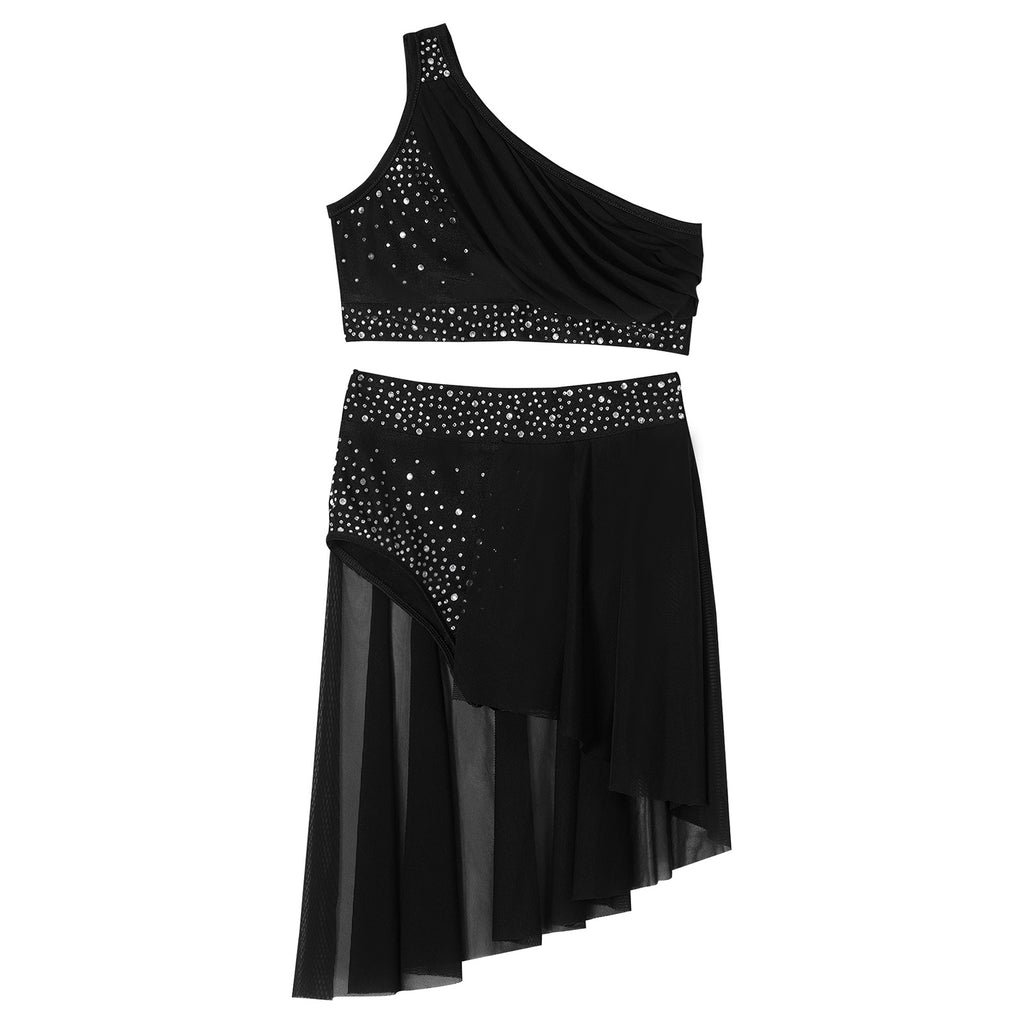Girls Lyrical Dance Outfit Shiny One Shoulder Crop Top with Skirt for Jazz Skating Ballet Gymnastics Acrobatics Performance