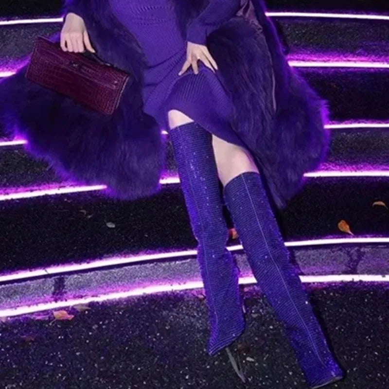 Rhinestone Women's High Boots Pointed Toe Slip-on Long Boots Women Boots High Heels Sexy Stiletto Ladies Party Shoes 2025 New