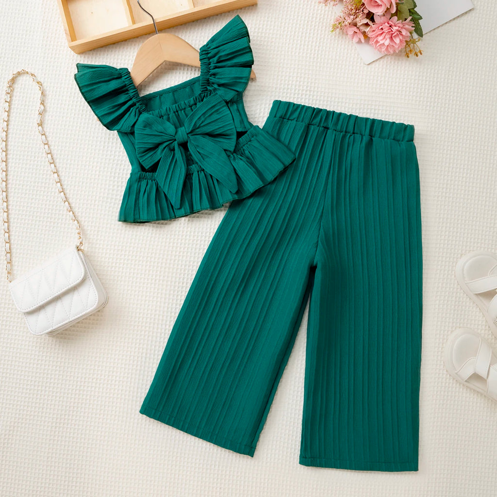 2025 Girls' Fashion Summer clothes Sets fly sleeves Tops + Pants Suits Y2K Street Casual 2pcs Children Clothing