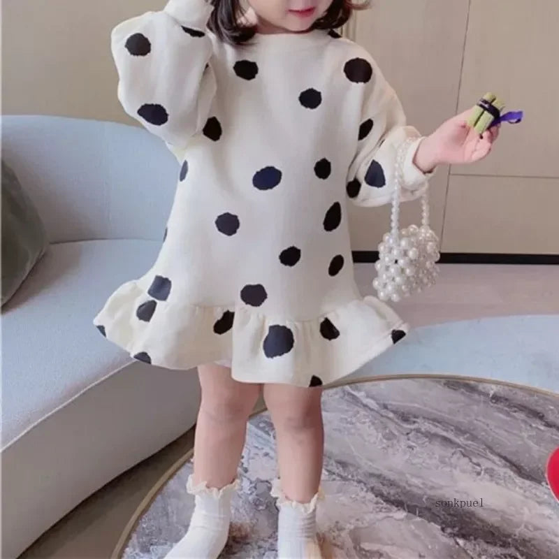 Girls Dress Autumn Spring New Girls' Splicing Pleated Dress Polka Dot Printed Baby Kids Casual Clothing