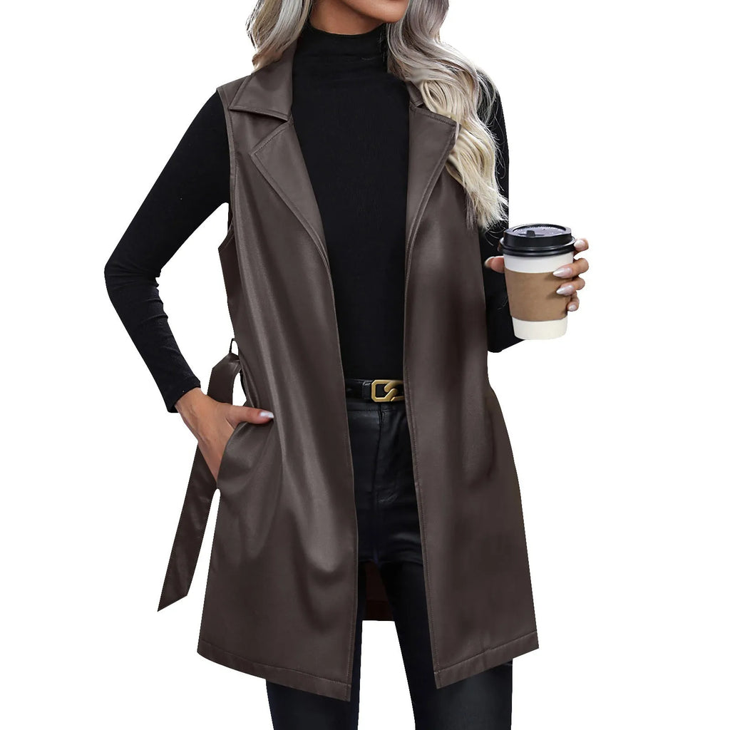Women Jackets Fashion Leather Vest Sleeveless Coat Suit Collar Slim Spring Autumn Windbreaker Coat For Outdoor Daily Wear