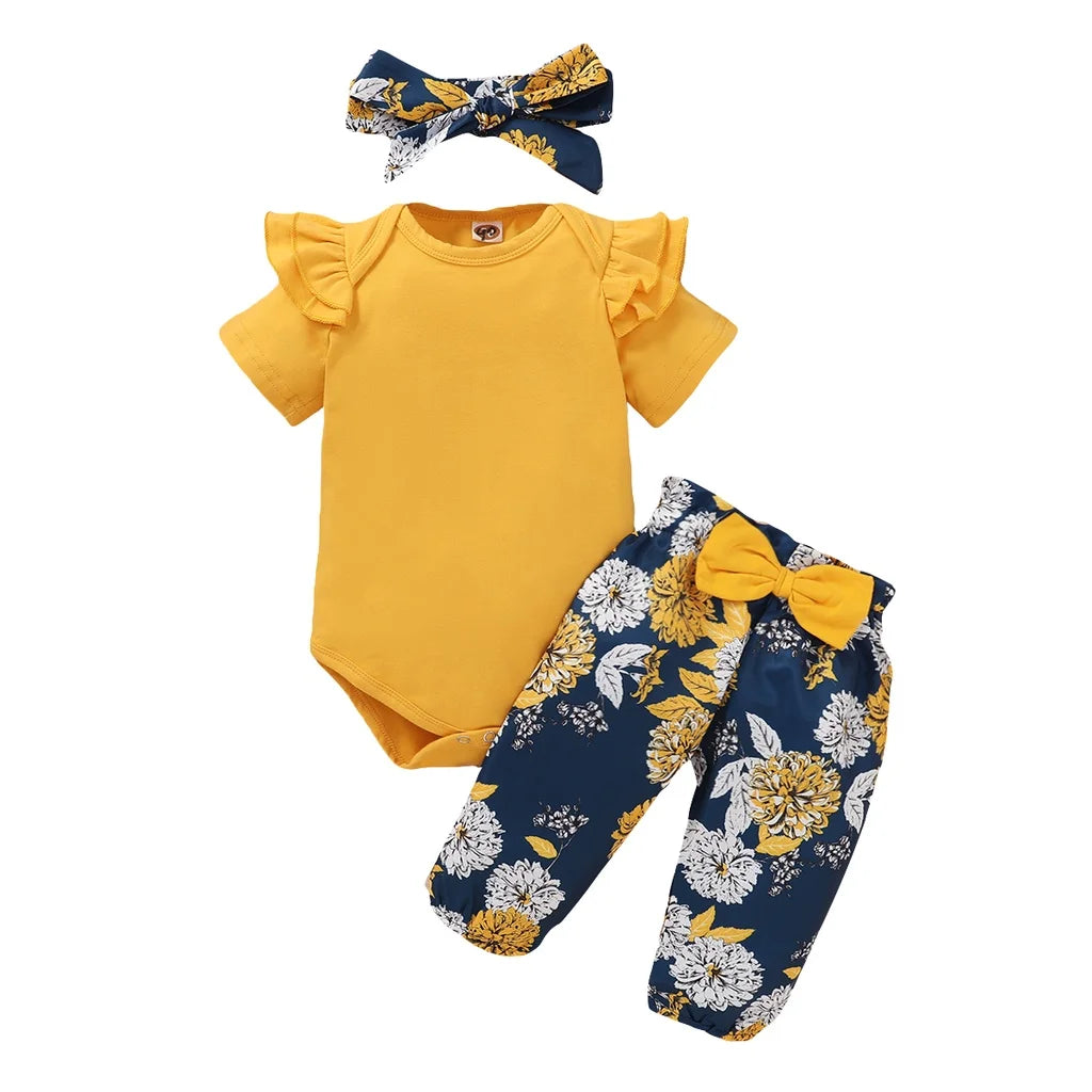 Newborn Baby Girls Clothing Set Infants Baby Girl Short Sleeve Bodysuit + Floral Pants with Bow + Headband 3PCS Outfit