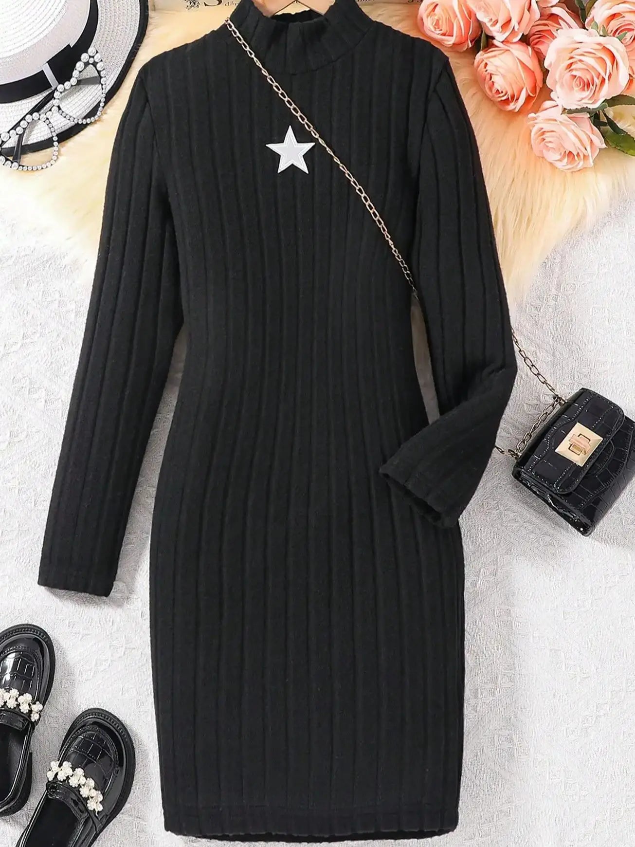 Girls Casual Elegant Star Graphic Ripped High Neck Slim Bodycon Dress Outdoor Gift Party Spring Fall