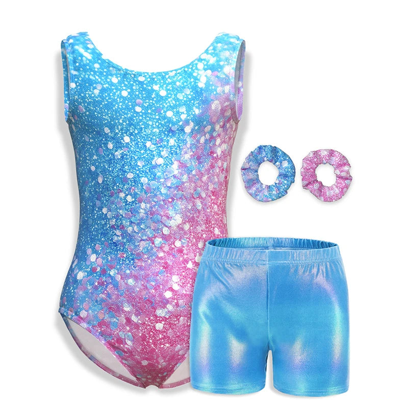 Gymnastics Leotards for Girls Glitter Fashion Print SleevelessTank Biketards Activewear  with shorts and headband