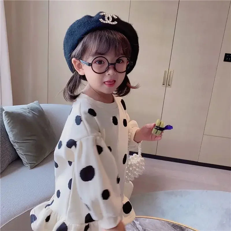 Girls Dress Autumn Spring New Girls' Splicing Pleated Dress Polka Dot Printed Baby Kids Casual Clothing