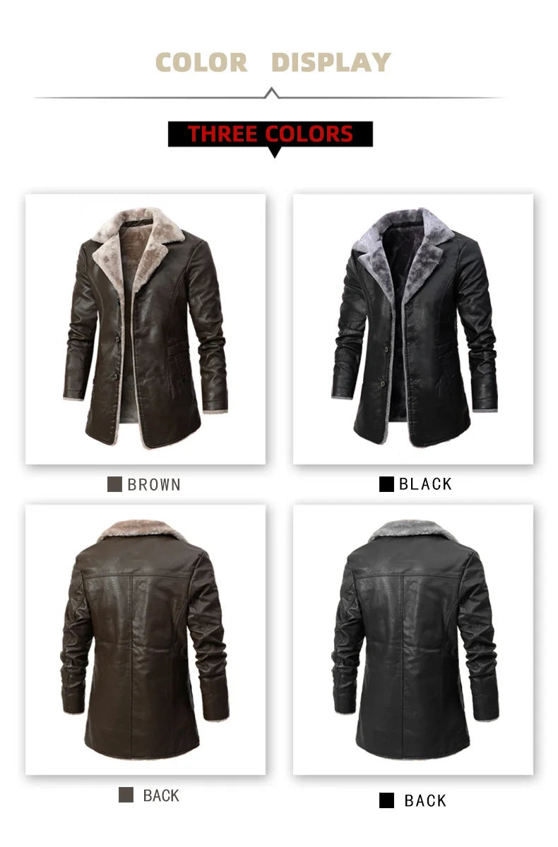 Men's Long Leather Coat PU Jacket for Men Winter Warm Fleece Lined Business Overcoat Trench Mens Outerwear Motorcycle Jacket