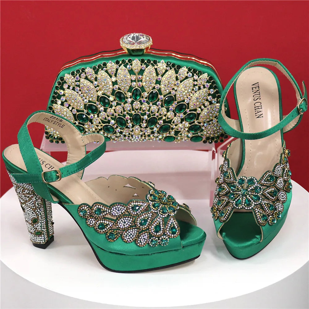 High Heel Shoes for Women Hollowed Out Embroidery Rhinestone Italian Design Rainbow Color Pointed-Toe Shoes and Bags Set