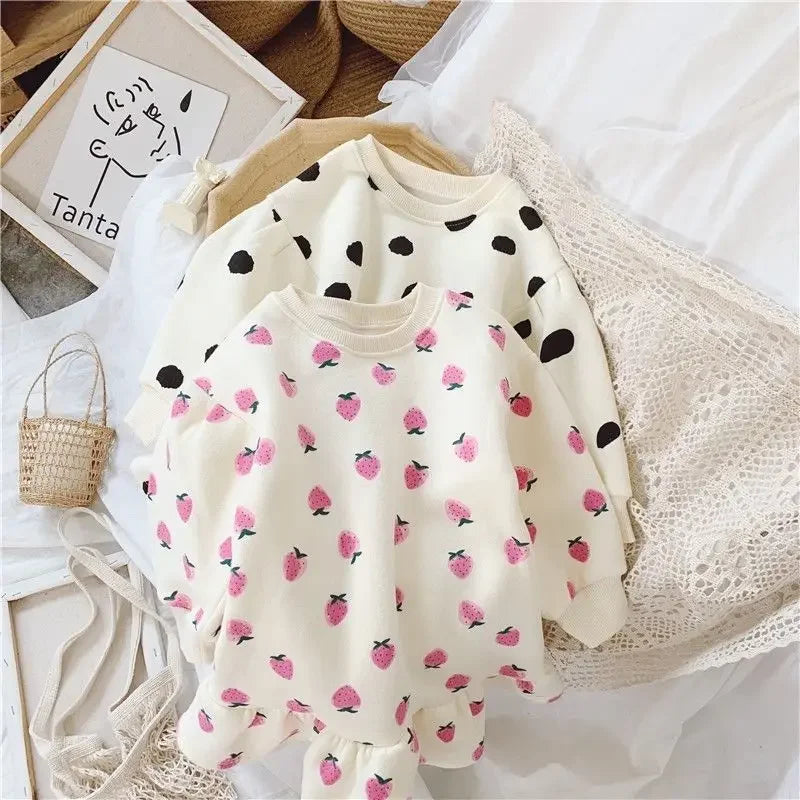 Girls Dress Autumn Spring New Girls' Splicing Pleated Dress Polka Dot Printed Baby Kids Casual Clothing