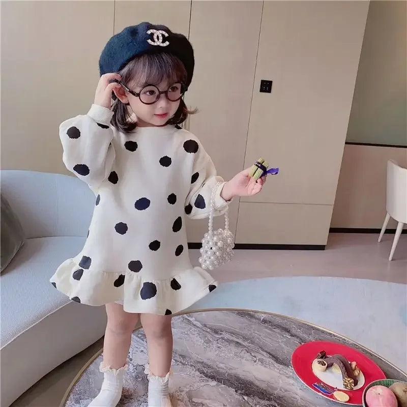 Girls Dress Autumn Spring New Girls' Splicing Pleated Dress Polka Dot Printed Baby Kids Casual Clothing