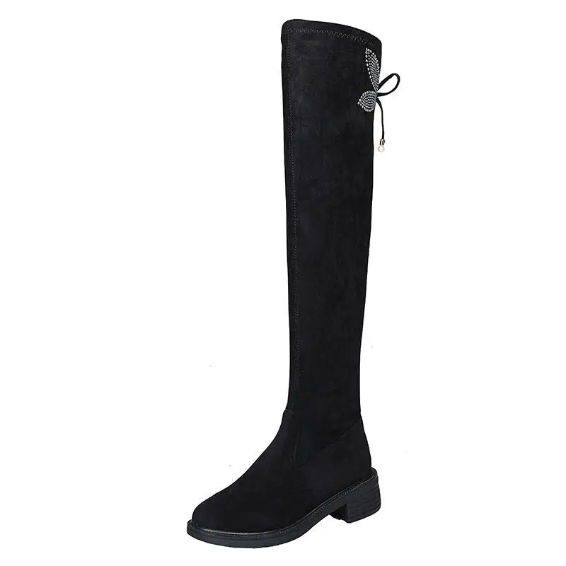 Women's Boots Rhinestone Shoes for Woman Thigh High Footwear Above Over The Knee Middle Heel with Laces Lace-up Quality New In