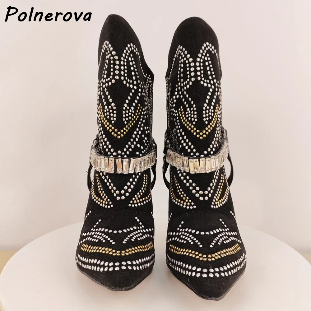 Rhinestone Black Ankle Boots Pointy Toe Thin Heels Slip On Bling Crystal Solid Sexy Boots Women's Winter Elegant Runway Shoes