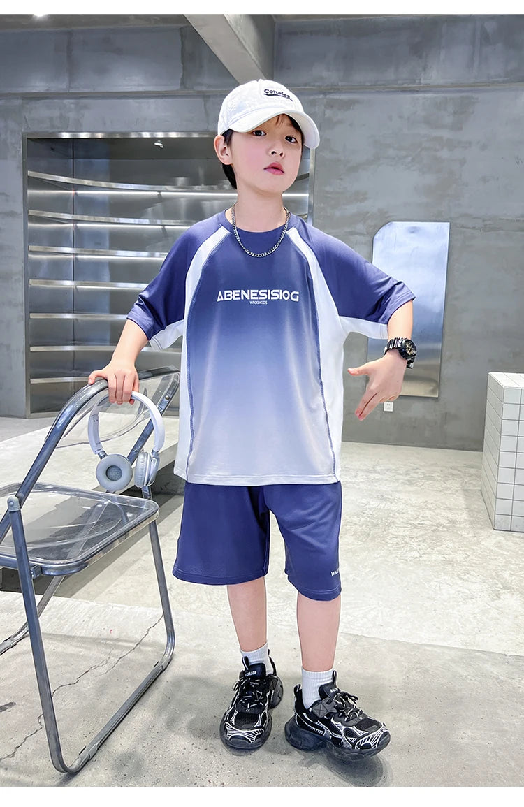 Boys 2PC/Sets For Age 5-14 Years Old Teen Child Clothing Suit New Kids Summer Short Sleeve T-Shirt + Shorts Casual Boys Outfits