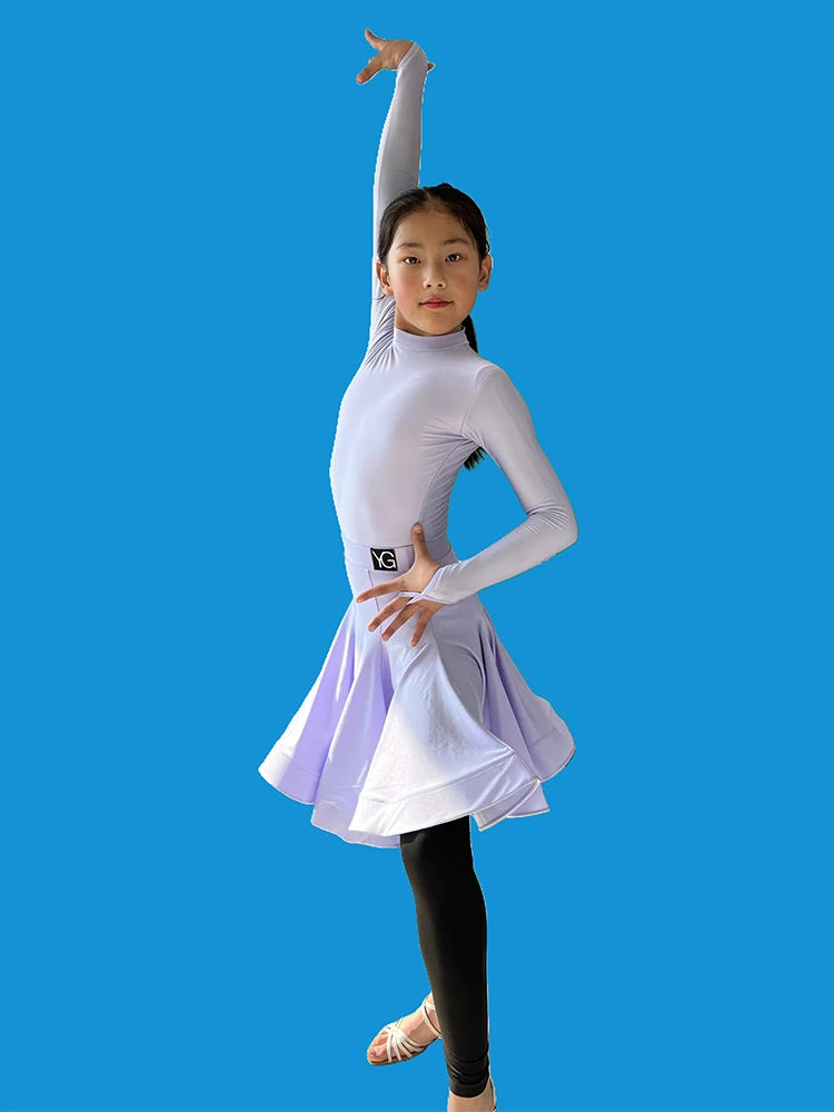 Girls Latin Dance Competition Clothing Glossy Fabric Long Sleeves Dance Dress Kids Cha Rumba Dance Practice Training Wear