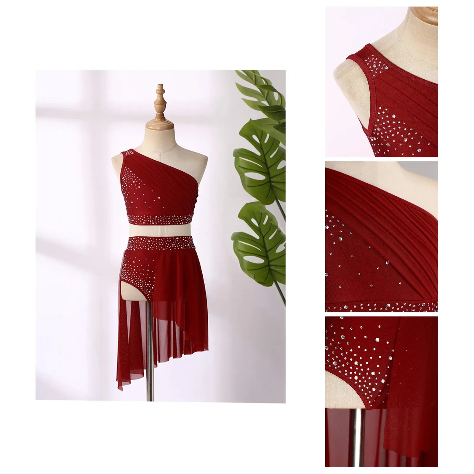 Girls Lyrical Dance Outfit Shiny One Shoulder Crop Top with Skirt for Jazz Skating Ballet Gymnastics Acrobatics Performance