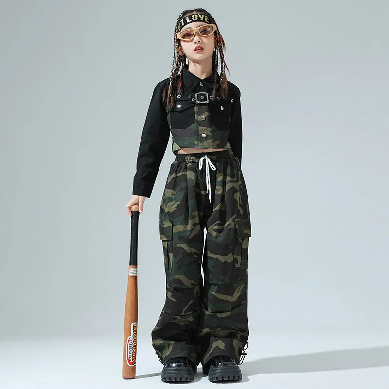 Girls Hip Hop Clothing Green Crop Top Camouflage Casual Wide Pockets Cargo Pants for Kids Jazz Dance Costume Clothes
