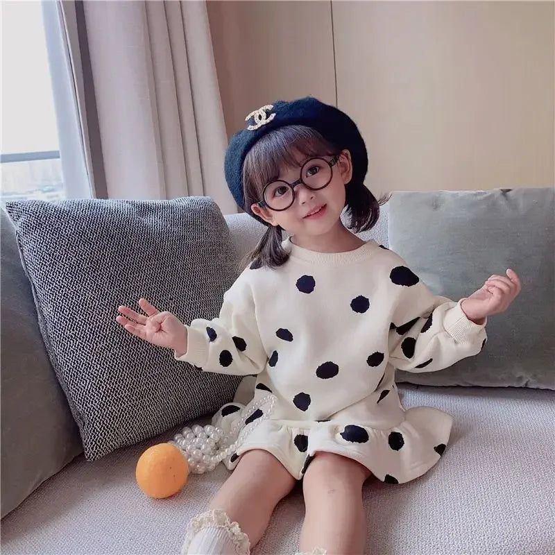 Girls Dress Autumn Spring New Girls' Splicing Pleated Dress Polka Dot Printed Baby Kids Casual Clothing