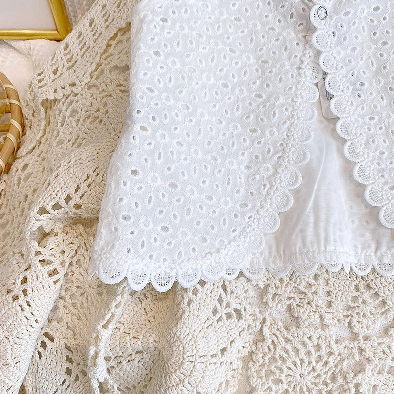 Girls 2024 Summer Clothing Sets Hollow Lace Suit Baby Casual Sleeveless T-shirt+Shorts Kids Clothing Sets Baby Clothes Outfits