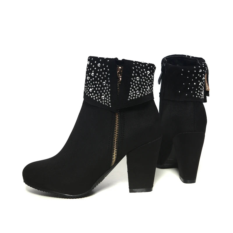 Rhinestone Crystal Sparkle Red Navy Blue Ankle Boots for Women Big Size 46 47 Zipper Chunky High Heels Bling Winter Warm Shoes