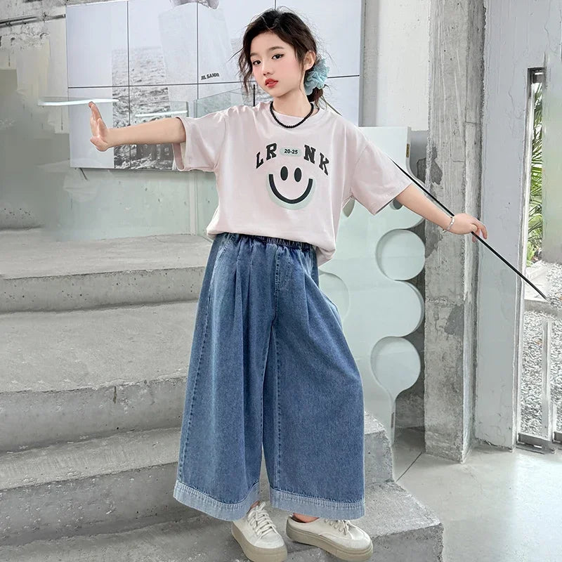 Girls Summer Clothes Sets Children Smiley Face Print Short-Sleeve T-Shirt + Denim Wide-Leg Pants Two-Piece Sets 2025 New