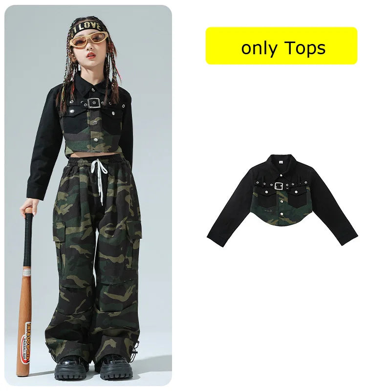 Girls Hip Hop Clothing Green Crop Top Camouflage Casual Wide Pockets Cargo Pants for Kids Jazz Dance Costume Clothes
