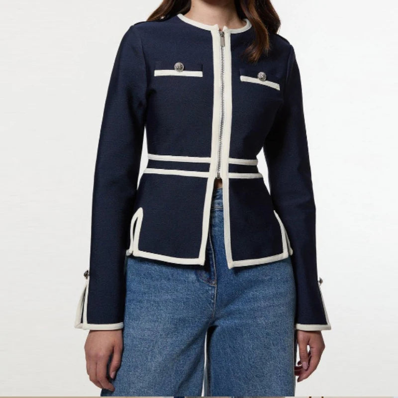 Trendy Casual Jackets for Women 2025 Fall Spring Vintage Round-neck Buttoned Zipper Striped Piping Coats for Woman Work Tops