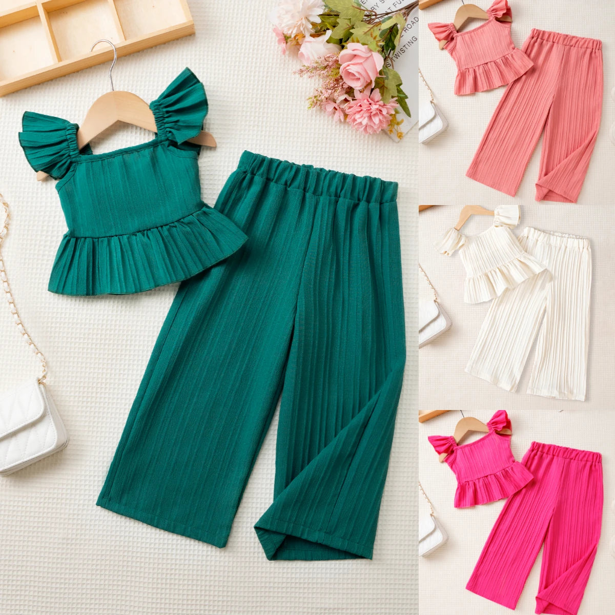 2025 Girls' Fashion Summer clothes Sets fly sleeves Tops + Pants Suits Y2K Street Casual 2pcs Children Clothing