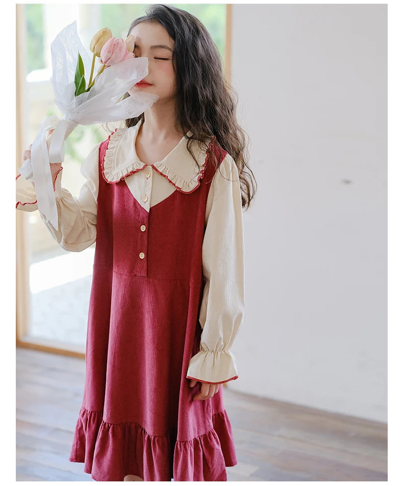 Girls Dress 2023 Winter Korean Style Children's Clothing Girls Fake Two-Piece Lapel Forest Fishtail Skirt Corduroy Princess Dress