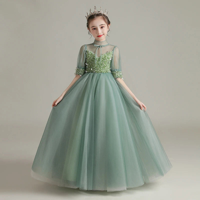 Children Clothing Green Dress for Girls 3 To 14 Year Elegant Formal Evening Dresses Long Luxury Cute Kid Wedding Party Ball Gown