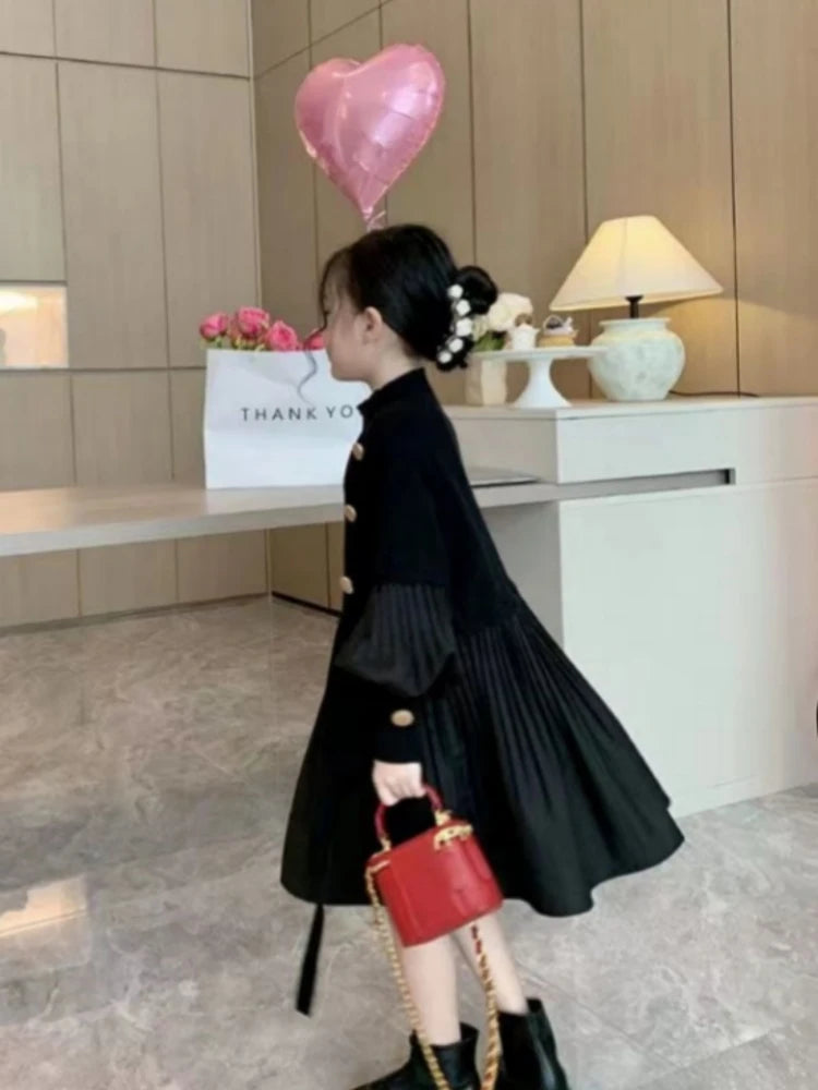 2025 Spring and Autumn New Girls' Dress Children's Clothing Black Design Sense Spliced Knitted Pleated Skirt