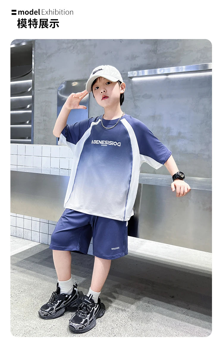 Boys 2PC/Sets For Age 5-14 Years Old Teen Child Clothing Suit New Kids Summer Short Sleeve T-Shirt + Shorts Casual Boys Outfits