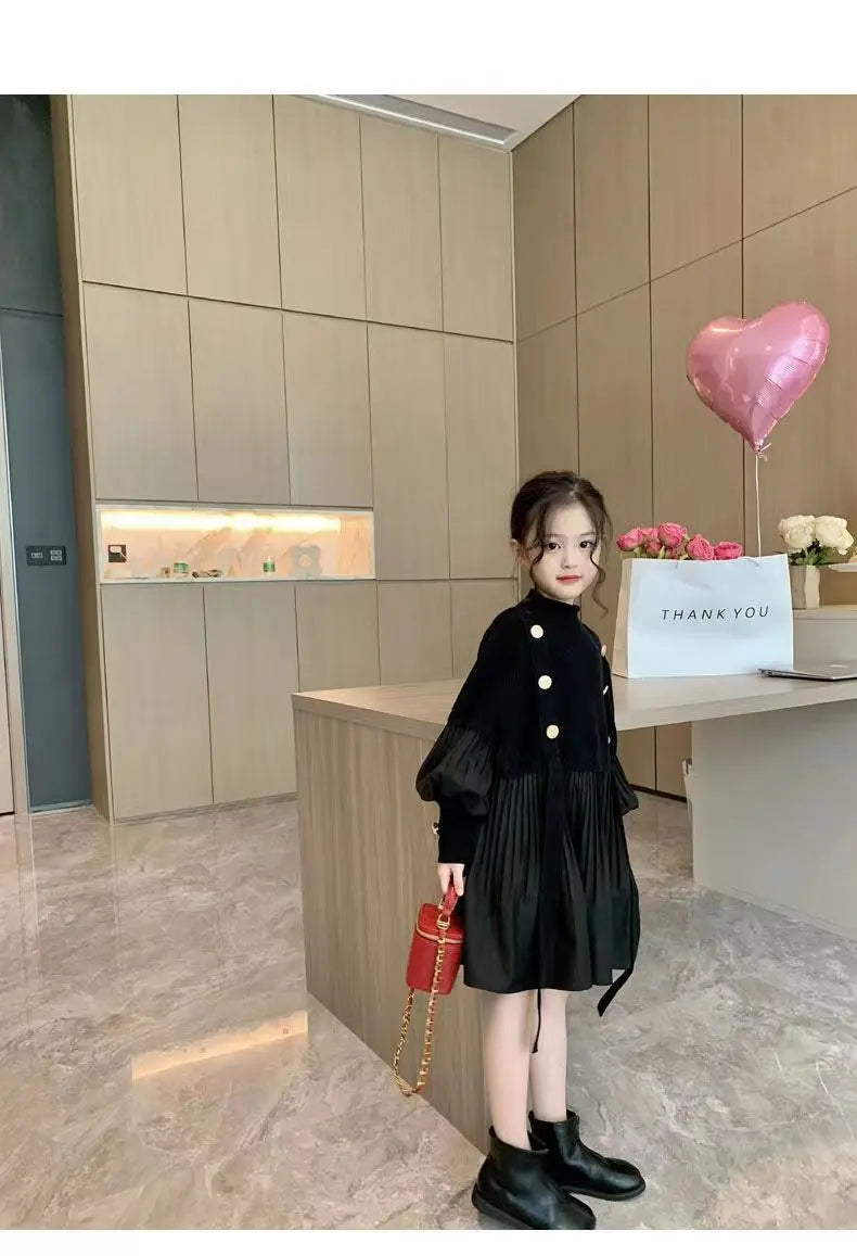 2025 Spring and Autumn New Girls' Dress Children's Clothing Black Design Sense Spliced Knitted Pleated Skirt