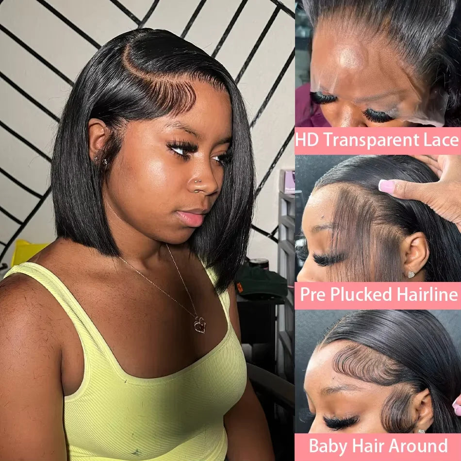 200 Density Straight 13X4 Lace Frontal Bob Wigs 100% Human Hair for Women Brazilian Remy Hair Pre Plucked Virgin Hair #1B 16inch