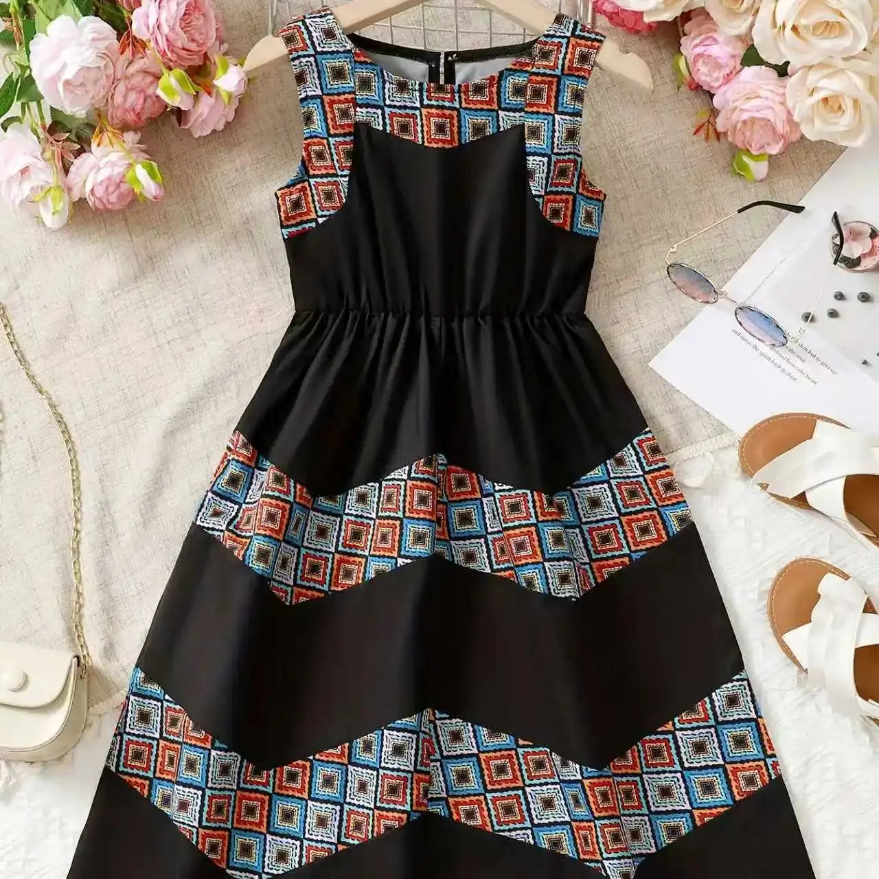 Girls Casual Summer New Sleeveless Color Block Dress Children's Clothing Toddler Girls Dress Kids Fashion