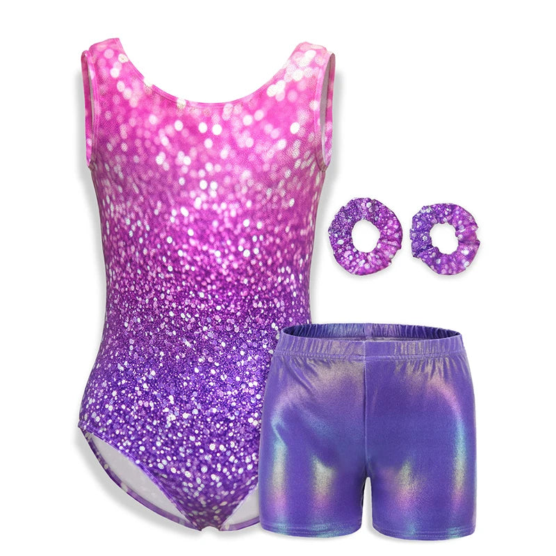 Gymnastics Leotards for Girls Glitter Fashion Print SleevelessTank Biketards Activewear  with shorts and headband