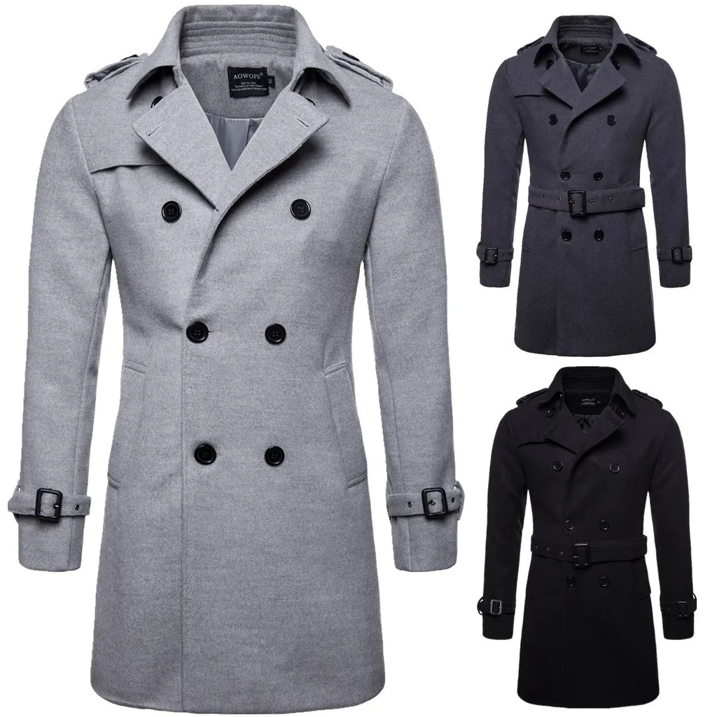 Mens Overcoat Trench Coats Winter Male Pea Coat with Belt Double Breasted Men Wool & Blends Coat Jacket Brand Clothing W10