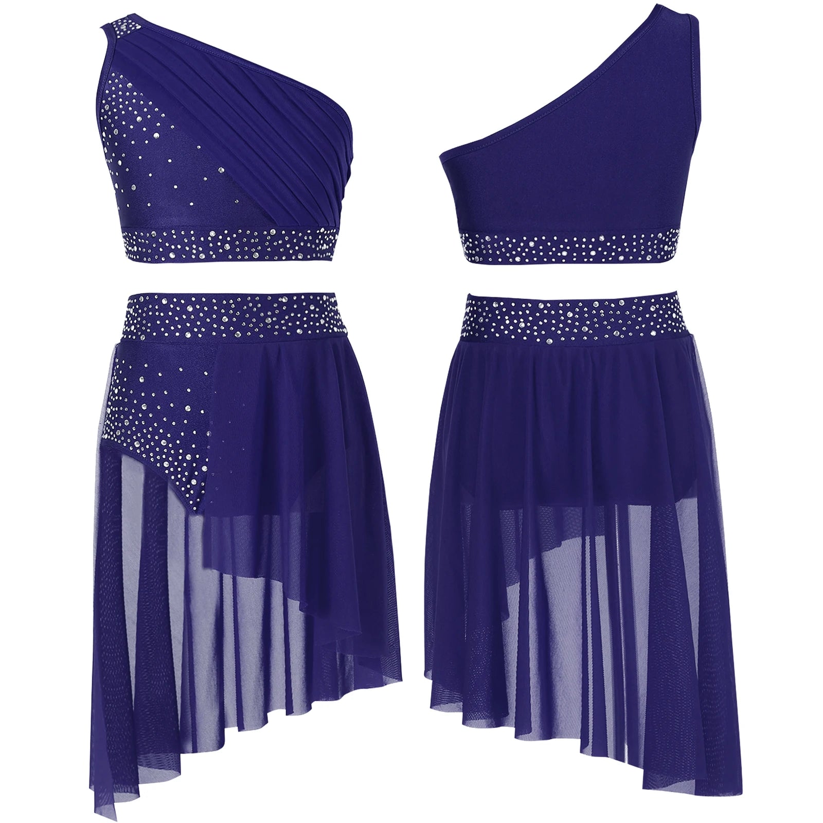Girls Lyrical Dance Outfit Shiny One Shoulder Crop Top with Skirt for Jazz Skating Ballet Gymnastics Acrobatics Performance