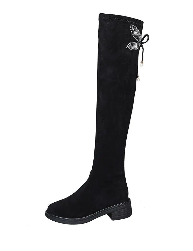 Women's Boots Rhinestone Shoes for Woman Thigh High Footwear Above Over The Knee Middle Heel with Laces Lace-up Quality New In