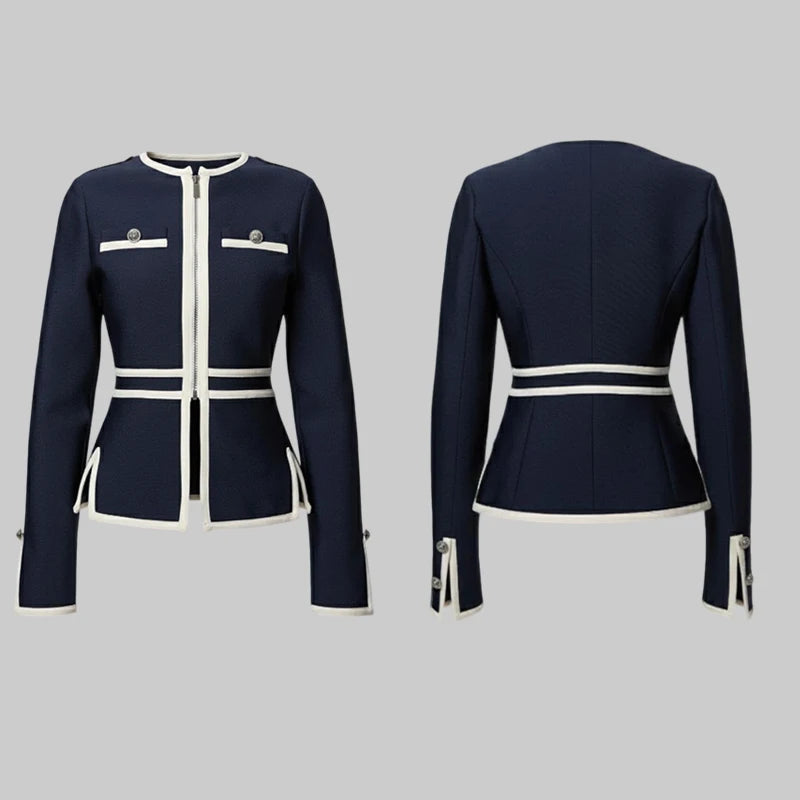 Trendy Casual Jackets for Women 2025 Fall Spring Vintage Round-neck Buttoned Zipper Striped Piping Coats for Woman Work Tops