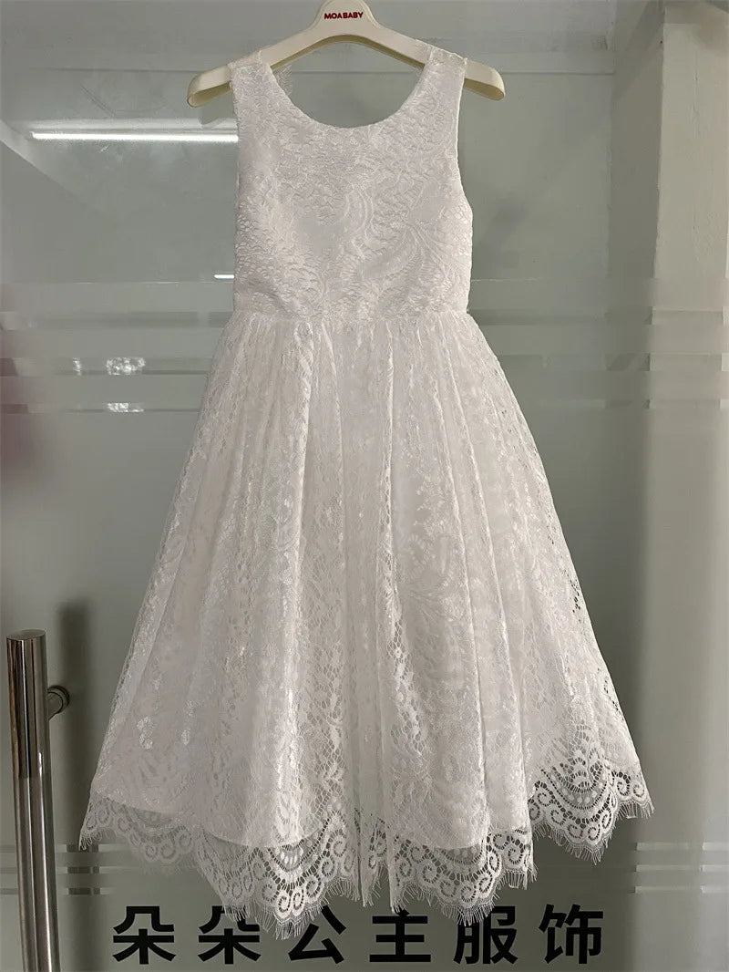Girls Fashion Open Back Princess Dress 3-12 Years Old New Mesh Lace Long Dress Birthday Wedding Flower Girl Performance Clothing