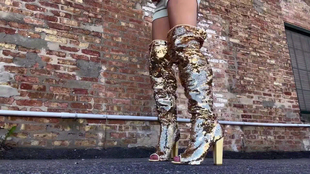 Sparkly Thigh High Boots for Women Sexy Sequin Over The Knee High Boots Party Prom Open Toe Chunky High Heels