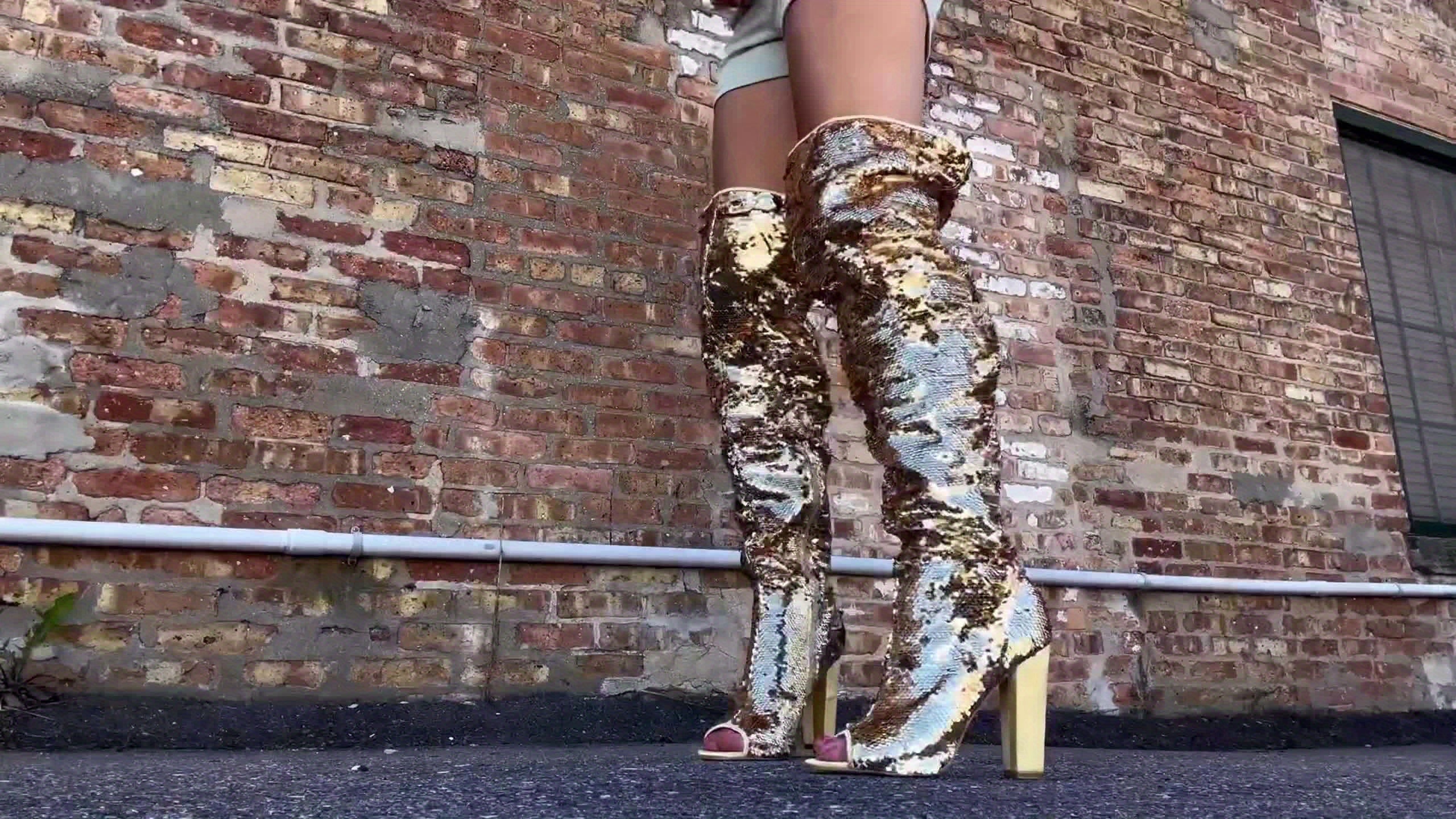 Sparkly Thigh High Boots for Women Sexy Sequin Over The Knee High Boots Party Prom Open Toe Chunky High Heels
