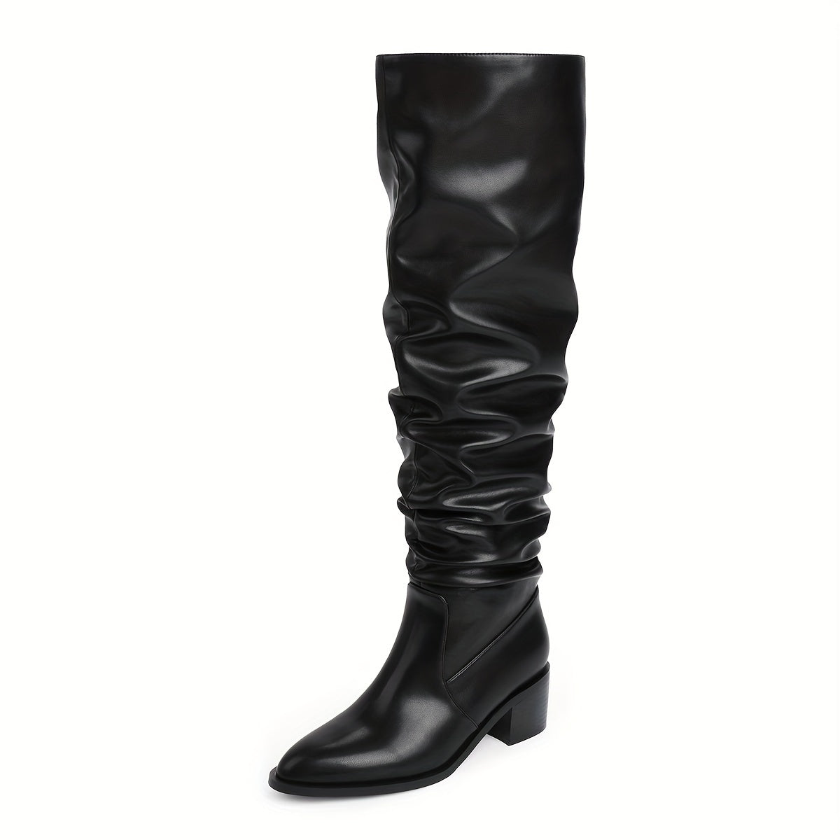 Stylish Women's Slouchy Tall Boots - Chunky Block Heel, Pull-On Design, Comfortable Thigh High Boots for Women, Perfect for Daily Wear, Party, and Outdoor Activities