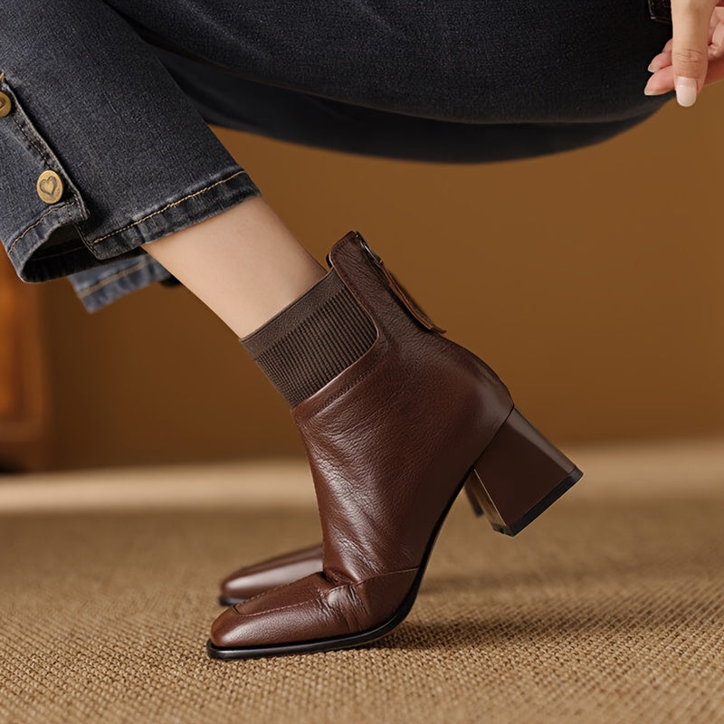 Women's 1.97inch Height-Increasing Square Toe Chunky Heel Mule-Style Lace-Up Ankle Boots - PU Cover-like Texture & Faux Cover Booties with Zipper Closure, All-Season Brown Tapered Leg Fit for Dresses, Pants, Jeans - Solid Bro
