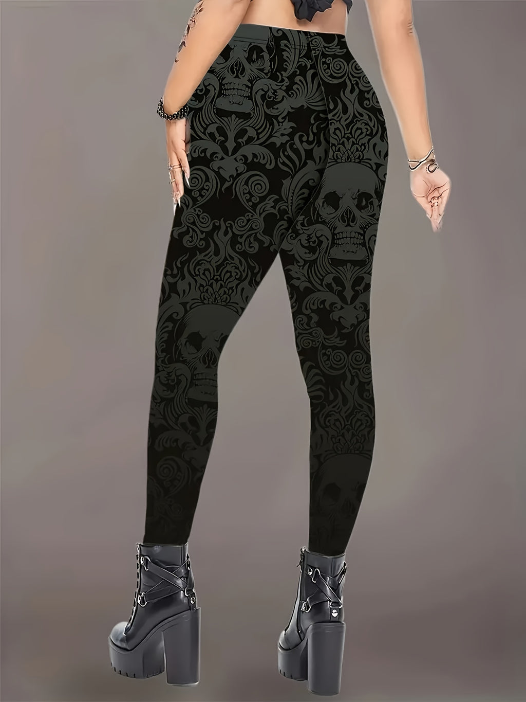 Women's Gothic Gothic Tight-Fitting Leg Pants - High-Waisted Stretchy Full-Length Pants with Thigh-High Boots-like Opening, All-Season Black & White Skull Print Tights for Costume Parties, Casual Attire & Themed Events - Mach