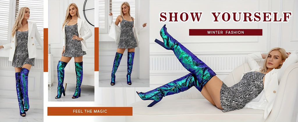 Sparkly Thigh High Boots for Women Sexy Sequin Over The Knee High Boots Party Prom Open Toe Chunky High Heels
