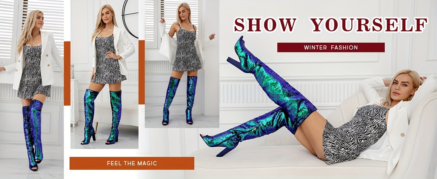 Sparkly Thigh High Boots for Women Sexy Sequin Over The Knee High Boots Party Prom Open Toe Chunky High Heels
